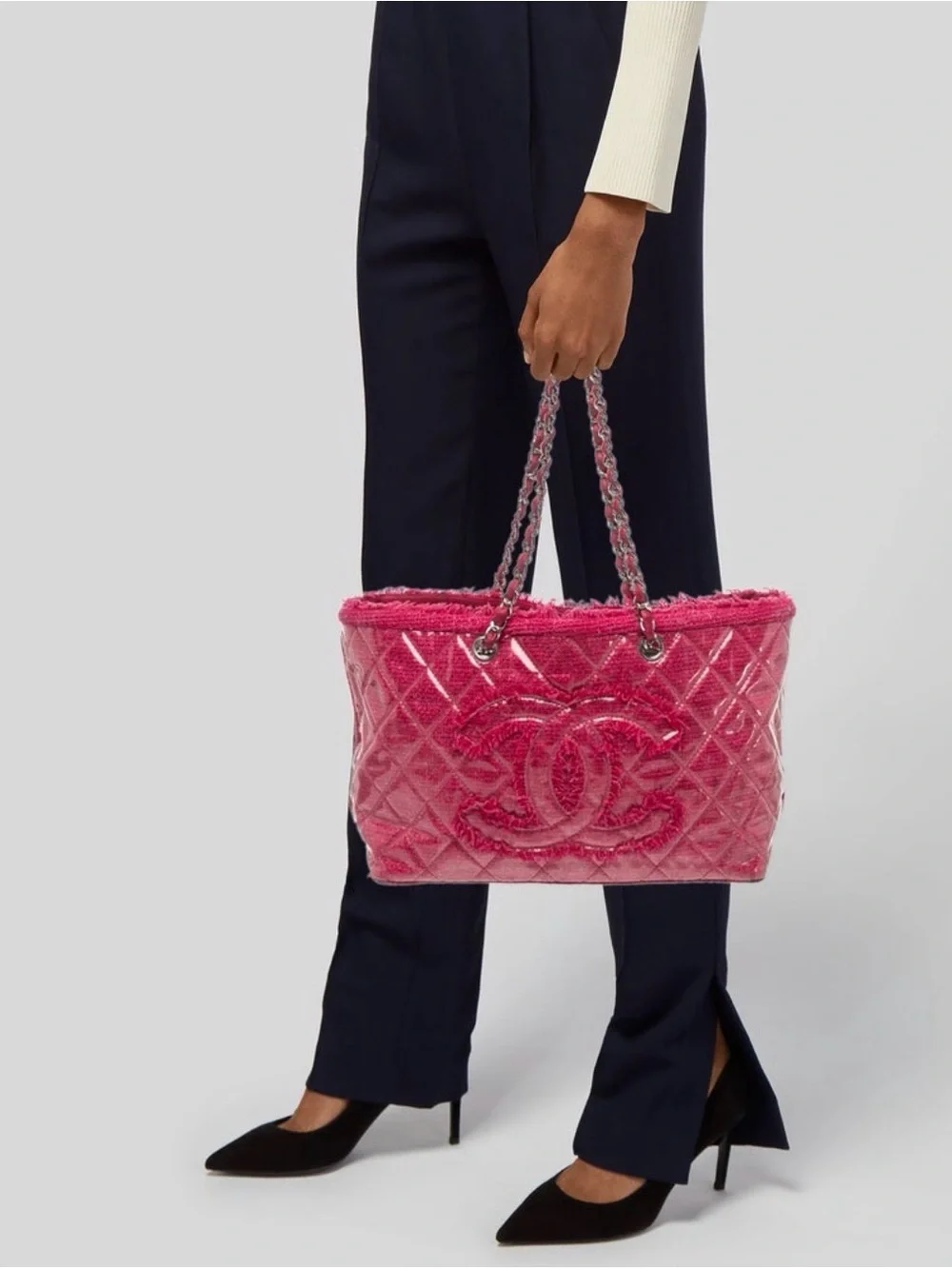 CHANEL Hot Pink Quilted Tote with Chain-Strap Handles